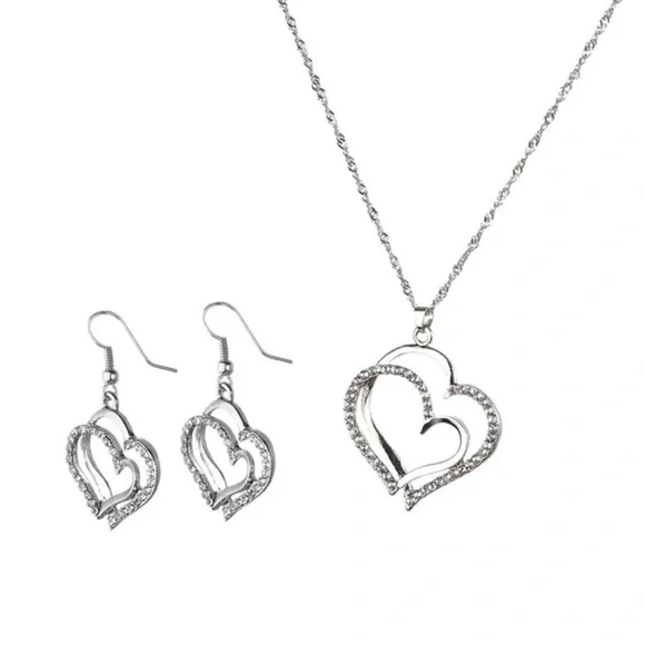 Double Heart-Shaped Pendant Necklace & Earring set. - Picture 3 of 7